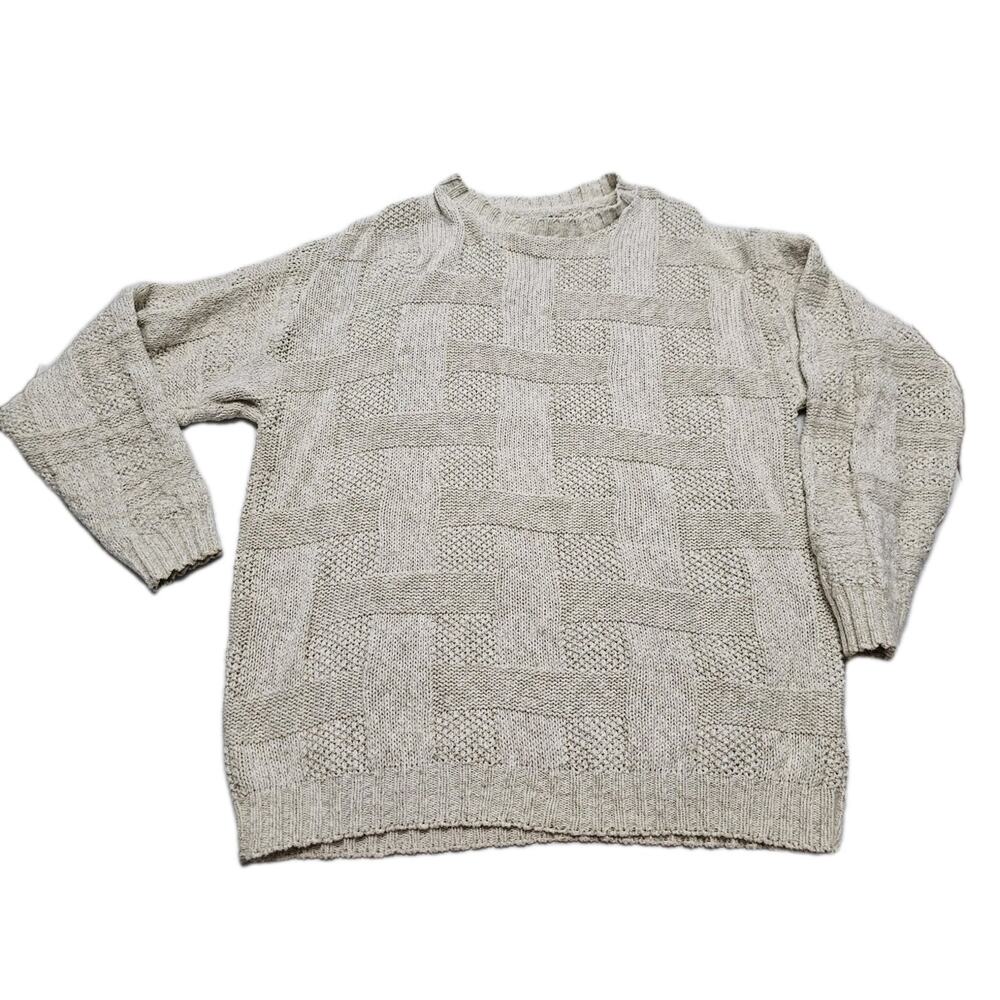 Woodward Vintage Sweater Basketweave Cream Linen Cotton Made In USA Fisherman XL